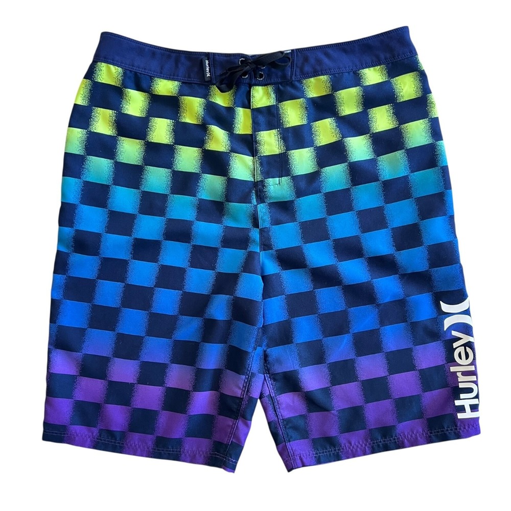 Hurley Board Shorts Mens 32 Blue Purple Green Ombre Checkerboard Swim Trunks